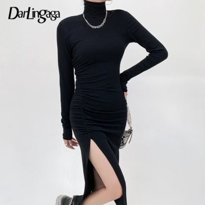 Купить Casual Turtleneck Long Sleeve Solid Midi Dress Female Side Split Elegant Basic Ruched Black Dress Shirring Clothing