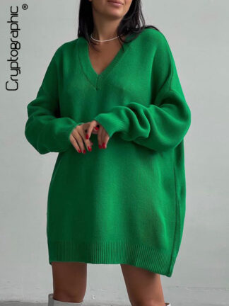 Купить Autumn Winter Knitted V-Neck Oversized Sweaters Women Casual Loose Long Sleeve Warm Pullover Sweater Solid Clothes