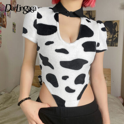 Купить Casual Fleece Cow Pattern Printed Short Sleeve Bodysuit Women Cute Bodycon Sexy Body Suit Summer Club Party Jumpsuit