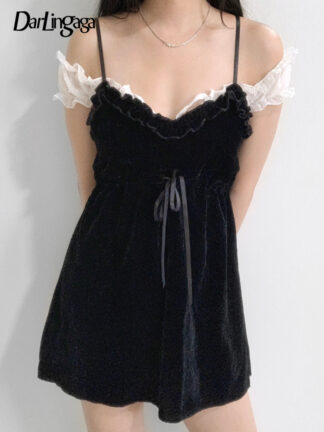 Купить Vintage Fashion Y2K Ruffles Patchwork Strap Black Dresses for Women Goth Drawstring Lace Up Summer Dress Outfits Cute