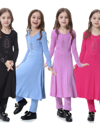 Купить Muslim Islamic Girl Dress and Pant 2 Piece Set Long Sleeve A-line Abaya Dresses Kaftan for Girls Suits Musulman Kids Clothes