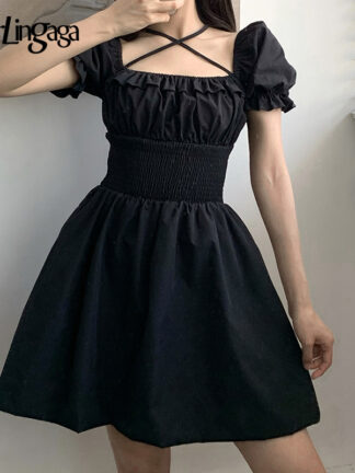 Купить Darlingaga Gothic Ruched Black Dress Ruffles High Waist Dark Elastic Women Dresses Mall Goth Halter Summer Dresses Mini Vestidos