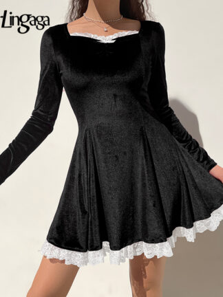 Купить Darlingaga Vintage Chic Elegant Black Velour Party Dress Female Bow Lace Patchwork Fashion Autumn Winter Dress Ruched A-Line New
