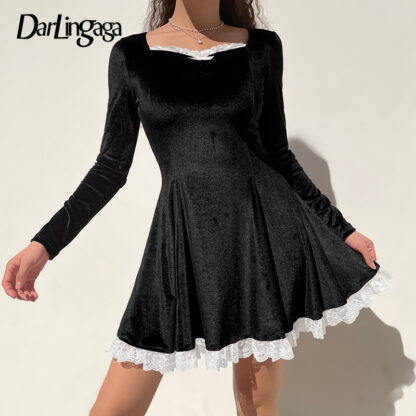 Купить Darlingaga Vintage Chic Elegant Black Velour Party Dress Female Bow Lace Patchwork Fashion Autumn Winter Dress Ruched A-Line New