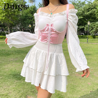 Купить Darlingaga Fashion Chic Ruffles Frills Long Sleeve White Dress Women Solid Casual Ruched Party Dress Set Corset Double Layer New