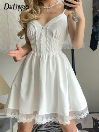 Купить Darlingaga Sweet Cute Lolita Style Lace Patchwork Corset White Dress Strap Buttons Party Summer Pleated Dress Female Korean Slim