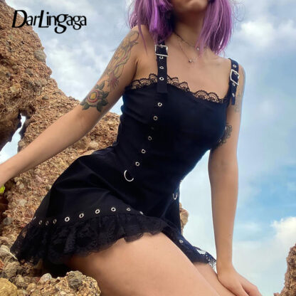 Купить Darlingaga Mall Goth Grunge Punk Style Lace Patchwork Black Dress Strap Ruffles Eyelet Summer Female Dress Gothic Clothes A-Line