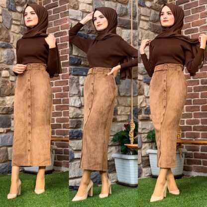 Купить Turkey Muslim Corduroy Pencil Skirt Belt Middle East Dubai Women High Waist Bodycon Slim Long Skirts Islamic Clothing Indonesian