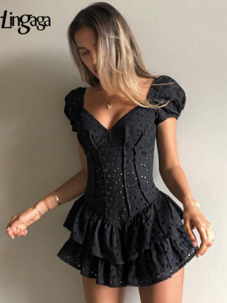 Купить Darlingaga Fashion V Neck Ruffles Pleated Dress Women Puff Sleeve Chic Black Summer Dress Party Hollow Out Vintage Corset Ladies