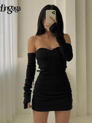 Купить Darlingaga Fashion Off Shoulder Sexy Autumn Dress Female Long Sleeve Bodycon Solid Basic Casual Black Dresses Slash Neck Clothes