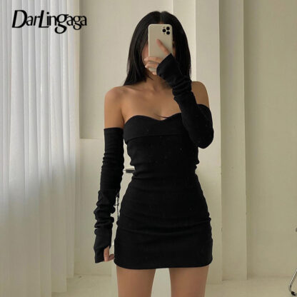 Купить Darlingaga Fashion Off Shoulder Sexy Autumn Dress Female Long Sleeve Bodycon Solid Basic Casual Black Dresses Slash Neck Clothes