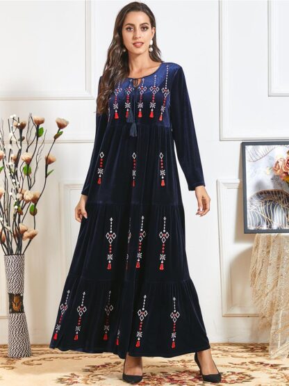 Купить Dubai Winter Muslim Veet Abaya Dress Women Moroccan Kaftan Print A-line Hijab Vestidos Maxi Turkey Prayer Islamic Clothing