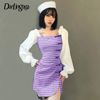 Купить Darlingaga Vintage Fashion Plaid Patchwork Women Dresses Square Collar Cheongsam Spring Korean Casual Dress Mini Split Clothing