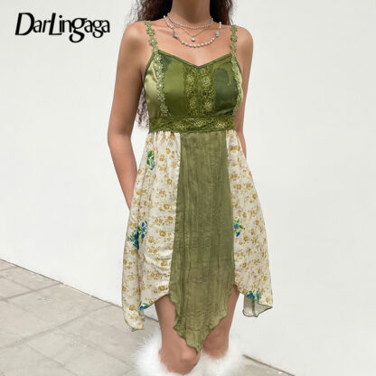 Купить Darlingaga Y2K Green Grapchic Printed Grunge Fairycore Slip Dress Female Vintage Lace Patchwork Folds Summer Dress Asymmetrical