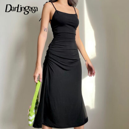 Купить Darlingaga Fashion Strappy Ruched Sexy Black Dress Irregular Elegant Backless Long Dress Party Summer Dresses Women 2021 Clothes