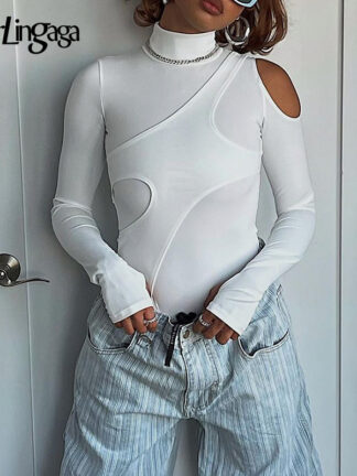 Купить Fashion Skinny White Sexy Bodysuit Tops Long Sleeve Solid Basic Party Bodysuits Women Asymmetrical Cut Out Body Suit