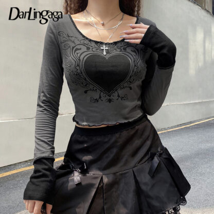 Купить Darlingaga Grunge Retro Fashion Heart Printed Autumn T-shirts for Women Crop Top Dark Academia Gothic Clothes Aesthetic T shirt