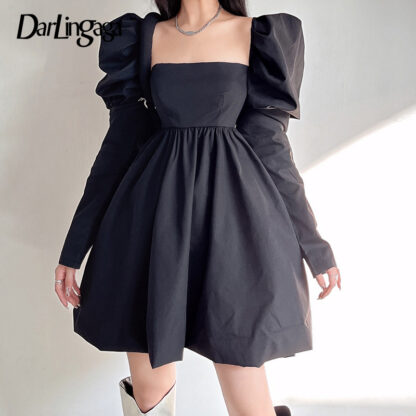 Купить Darlingaga Fashion Chic Puff Sleeve Square Neck Ball Gown Black Dress Pleated Ruched Solid Elegant Birthday Party Dress Female