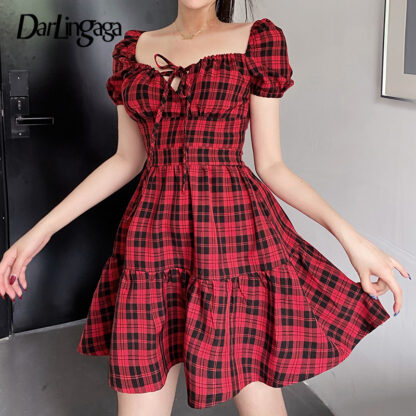 Купить Darlingaga Vintage Mall Goth Short Sleeve Plaid Dress Mini Harajuku Ruched Summer Dress Women Pleated Square Neck Sundress 2021