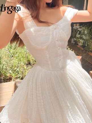 Купить Darlingaga Fashion Tank High Waist Ball Gown White Dress Female Ruffles Korean Casual Birthday Party Dress Summer Kawaii Clothes