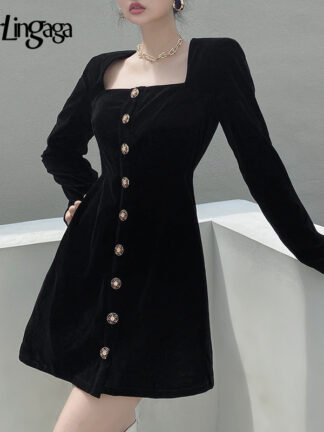 Купить Darlingaga Fashion Elegant Square Neck Velour Black Dress Female Long Sleeve Buttons Up Solid A-Line Dress Autumn Party Clothes