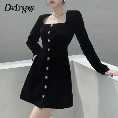 Купить Darlingaga Fashion Elegant Square Neck Velour Black Dress Female Long Sleeve Buttons Up Solid A-Line Dress Autumn Party Clothes