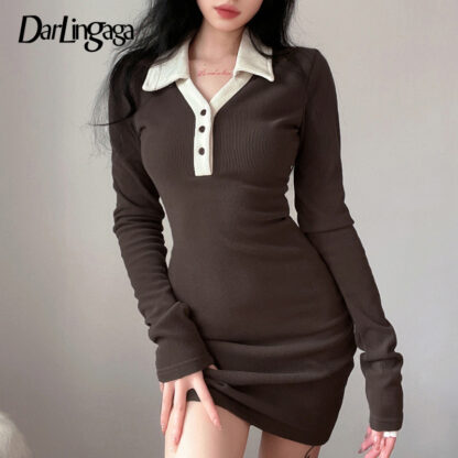 Купить Darlingaga Casual Turn Down Collar Long Sleeve Bodycon Dress Mini Korean Fashion Patchwork Knitted Women Dresses Basic Slim 2022