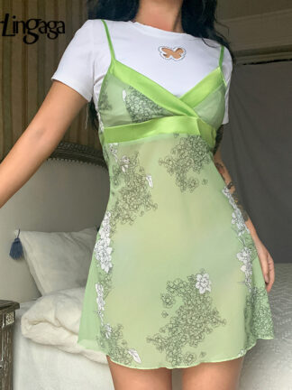 Купить Darlingaga Y2K V Neck Green Floral Printed Summer Slip Dresses Female Vintage Harajuku Transparent Sexy Chiffon Dress Aesthetic