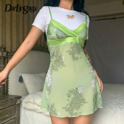 Купить Darlingaga Y2K V Neck Green Floral Printed Summer Slip Dresses Female Vintage Harajuku Transparent Sexy Chiffon Dress Aesthetic