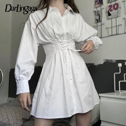 Купить Darlingaga Casual Long Sleeve Autumn White Dress Women Solid Turn Down Collar Lace Up Shirt Dress Mini Waistband Buttons Clothes