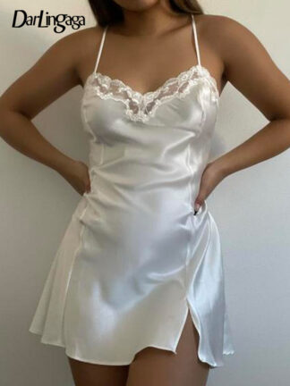 Купить Fashion Chic Y2K Lace Trim Satin Summer White Dress Female Strap Elegant Sexy Sundress Basic Slip Dresses Split 2022