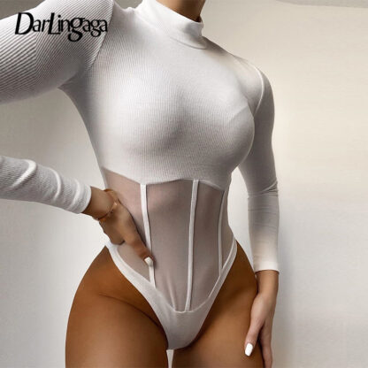 Купить Autumn Winter Bodycon Turtleneck Body Long Sleeve Bodysuit Women Mesh Patchwork Transparent Sexy Bodysuits Party Slim