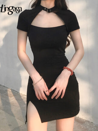 Купить Darlingaga Gothic Choker Halter Bodycon Black Dress Female Solid Cut Out Fashion Summer Dress Mini Side Split Sundress Vestidos