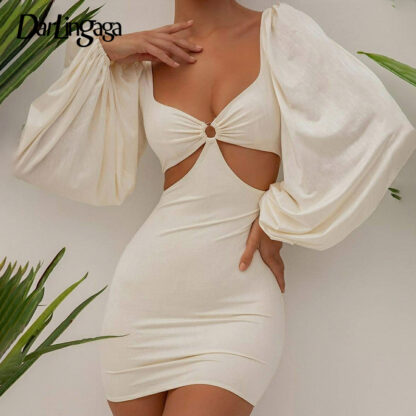 Купить Fashion Elegant V Neck Party White Dress Female Bodycon Puff Sleeve Sexy Dress Night Club Cut Out Summer Dresses Slim