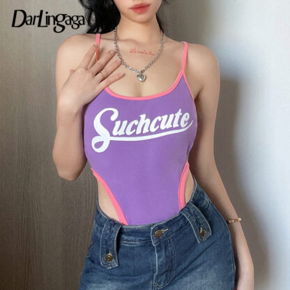 Купить Vintage Spaghetti Strap Patchwork Summer Bodysuit Women Tops Fashion High Waist Sexy Bodysuits Letter Print One Piece