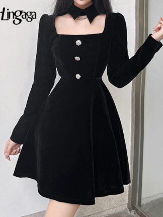 Купить Darlingaga Korean Fashion Gothic Halter Neck Velvet Black Dress Ladies Buttons Elegant Club Party Spring Autumn Dresses A-Line