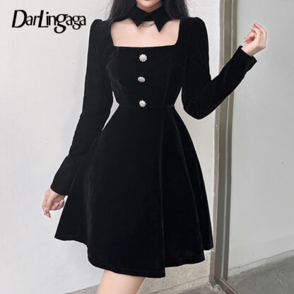 Купить Darlingaga Korean Fashion Gothic Halter Neck Velvet Black Dress Ladies Buttons Elegant Club Party Spring Autumn Dresses A-Line
