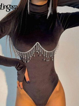 Купить Fashion Elegant Velour Turtleneck Long Sleeve Bodycon Bodysuit Women Tops Rhinestone Tassel Club Party Sexy Bodysuits