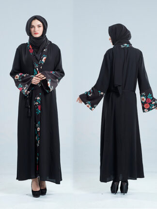 Купить Dubai Muslim Maxi Dress Women Abaya Kimono Printing Floral Long Robe Lace-up Jubah Caftan Hijab Dresses Islamic Clothing New