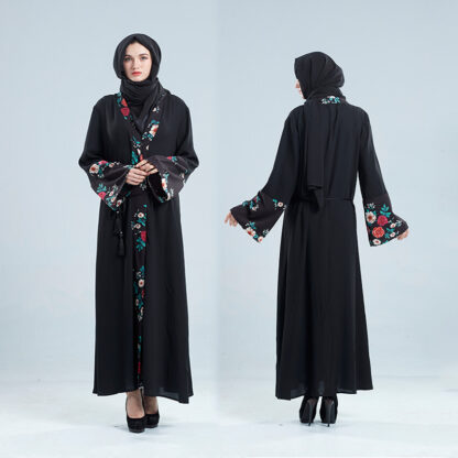 Купить Dubai Muslim Maxi Dress Women Abaya Kimono Printing Floral Long Robe Lace-up Jubah Caftan Hijab Dresses Islamic Clothing New