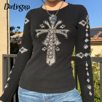 Купить Darlingaga Grunge Goth Printed Rhinestone Autumn T shirt Women Long Sleeve Retro Dark Academia Tops Techwear Pullover Slim Shirt