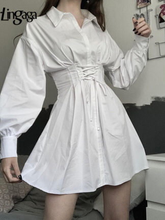 Купить Darlingaga Long Sleeve Chic Lace Up White Dress Female Fashion A-Line Buttons Summer Dress Mini Cummerbunds Casual Dresses Solid