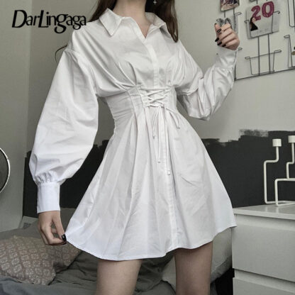 Купить Darlingaga Long Sleeve Chic Lace Up White Dress Female Fashion A-Line Buttons Summer Dress Mini Cummerbunds Casual Dresses Solid