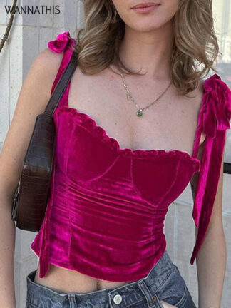 Купить Velvet Women Bandage Crop Tops Corsets Backless Sleeveless Summer Tanks Folds Sexy Club Streetwear Aesthetic Clothing