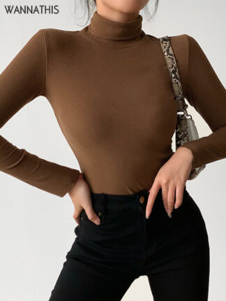 Купить Turtleneck Basic Tops Casual Sexy Skinny Streetwear Daily Wear Long Sleeve Fashion Brown Female Autumn 2022 T-Shirts