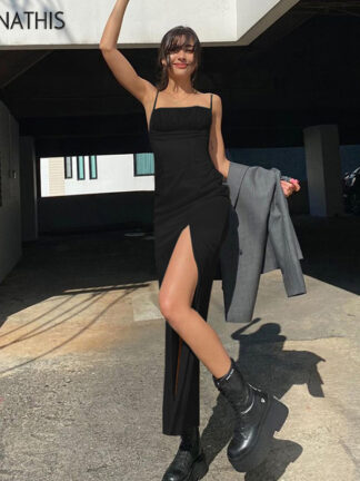 Купить Midi Dress Women Summer Sleeveless Party Dresses Lace up Strap Hight Side Split Black Sexy Backless Sexy Long Dresses