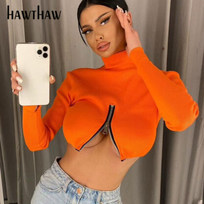 Купить Hawthaw Women Autumn Fashion Long Sleeve Zipper Solid Color Slim Crop Tops T Shirt 2021 Fall Female Wholesale Clothes Streetwear