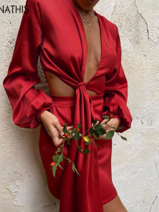 Купить Silk Hollow Out Ruched Mini Dress For Women Long Sleeve Asymmetric Vestidos Sexy Elegant Women Chic Party Dress 2022