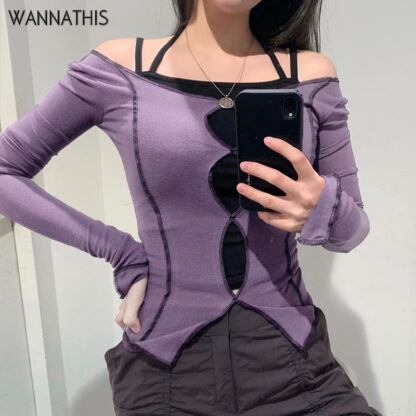 Купить Wannathis Purple Top Women Long Sleeve Top Shirts 2022 Hollow Out Slit Hem Autumn Streetwear Slim Cotton Ladies Casual Patchwork
