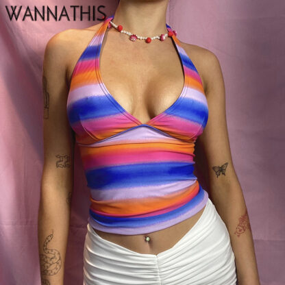 Купить Y2k Rainbow Zebra Stripe V-Neck Bandage Kawaii Sleeveless Cami Women Sexy Backless Summer 2022 Tops Female Cropped Top